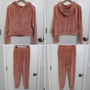 Victoria's Secret On Point Womens Sz L Pink Orange Velour Sweater Jogger Set